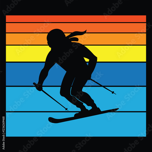 Skiing Sport Silhouette With sunset retro illustration Vector, Skiing vintage sunset retro background