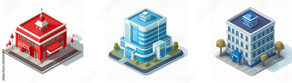 Fototapeta premium Isometric view of three buildings: a fire station, a modern hospital, and an office building. The illustration showcases architectural styles and urban design.