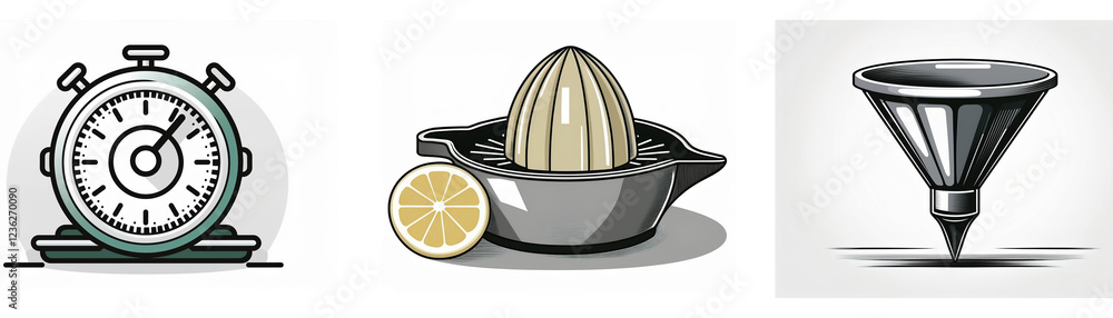 Stopwatch, lemon juicer, and funnel icons; simple kitchen utensil illustrations. Stopwatch, lemon juicer, and funnel icons; simple kitchen utensil illustrations.