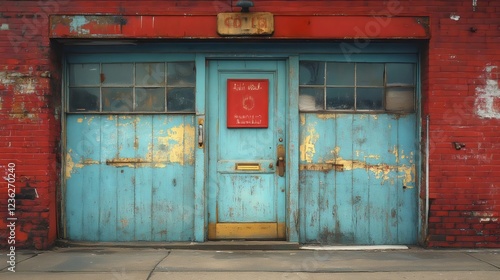 A blue door with a red sign on it