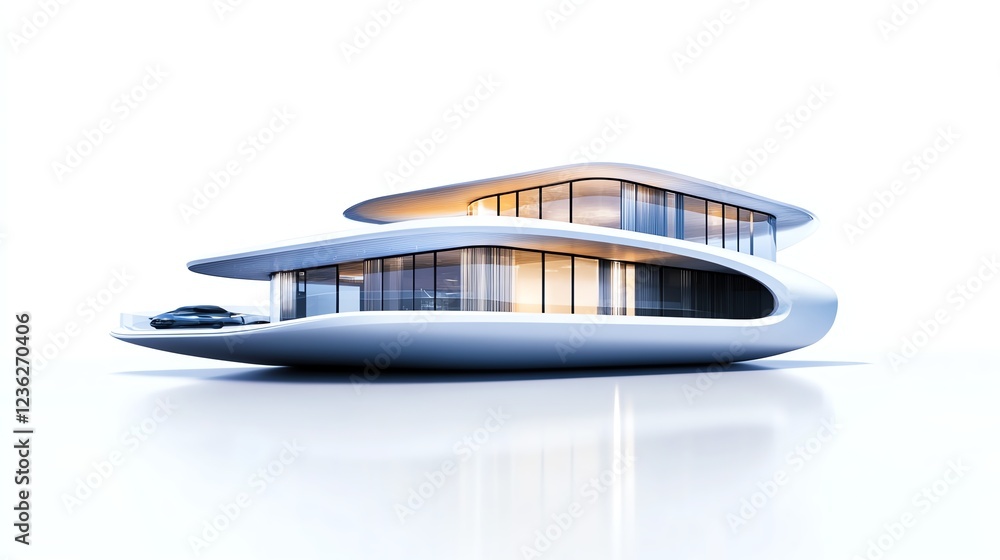 A conceptual floating house, futuristic luxury facade, glass structure with advanced engineering, isolated on white background A conceptual floating house, futuristic luxury facade, glass structure with advanced engineering, isolated on white background