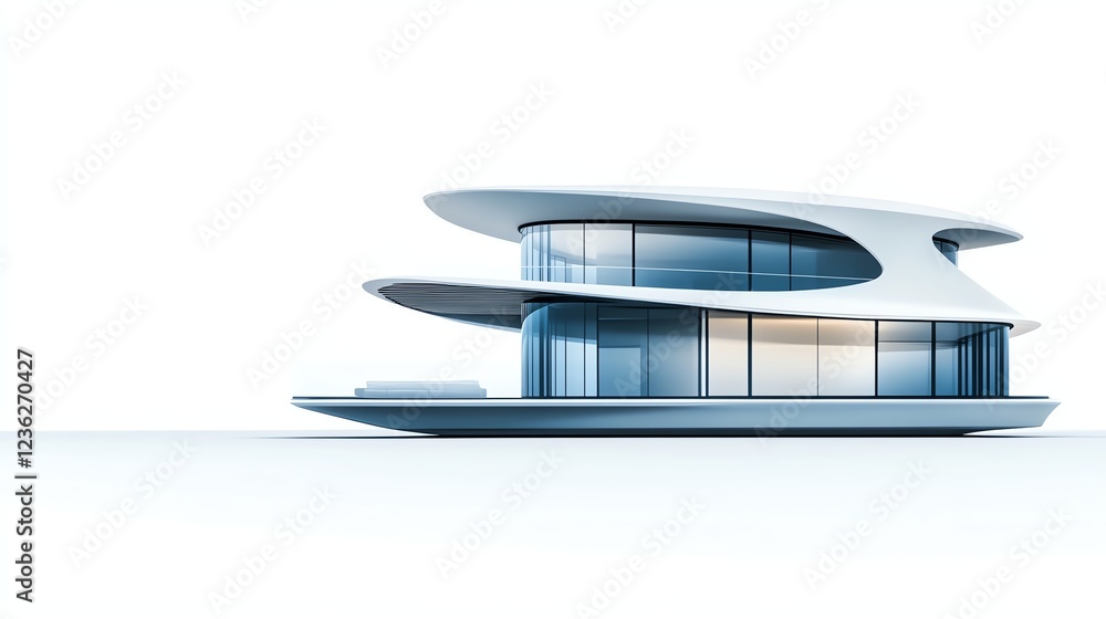 A conceptual floating house, futuristic luxury facade, glass structure with advanced engineering, isolated on white background A conceptual floating house, futuristic luxury facade, glass structure with advanced engineering, isolated on white background