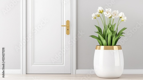 White tulips in pot near door, light grey wall. Home decor