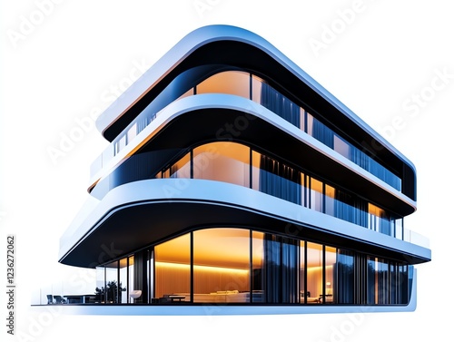 A sophisticated penthouse exterior, floortoceiling glass facade, panoramic luxury, isolated on white background photo