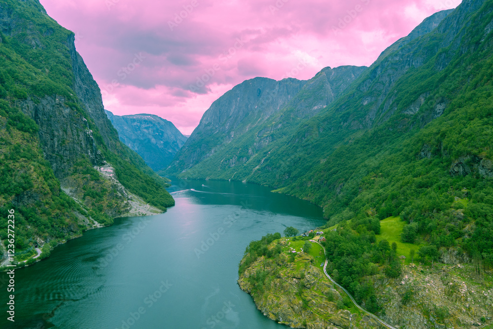 Aerial view of the fjord. Mountain landscape in the evening. Naeroyfjord, Gudvangen, Norway