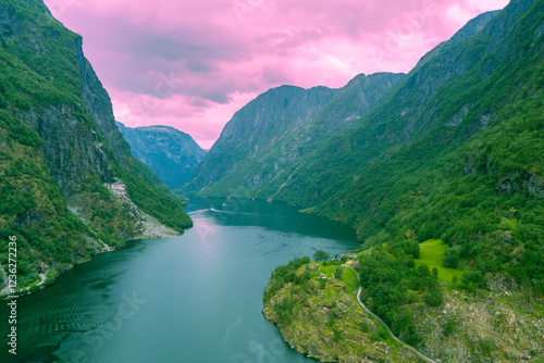 Obraz na płótnie Aerial view of the fjord. Mountain landscape in the evening. Naeroyfjord, Gudvangen, Norway w salonie