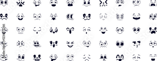 Cartoon face expression. Emotional comic face with eyes, mouths, tongue and teeth. Concept caricature feeling. Happy, sad and angry characters emotions. Vector set