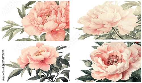 Vintage cream backdrop, rich blush pink peony petals, soft green foliage, detailed engraving, 1885 peony, floral decor, antique floral art, vintage flowers, elegant floral design