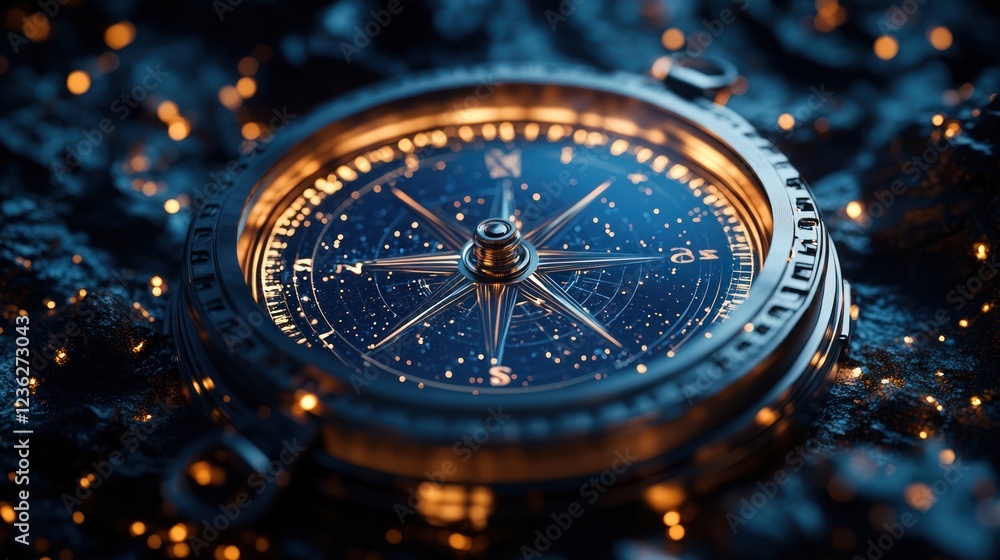 Fototapeta premium Celestial compass glows, dark surface, stars, navigation, fantasy, adventure, illustration