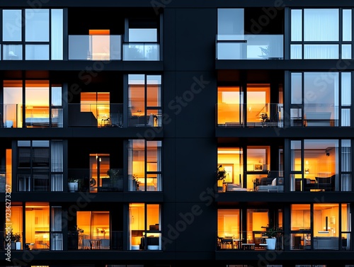 Contemporary highrise facade with minimalist aesthetic, floortoceiling windows, and illuminated balconies, premium real estate photo