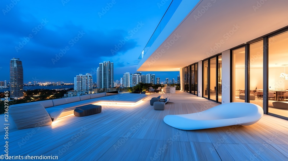 Fototapeta premium Contemporary penthouse terrace with stylish outdoor furniture, city skyline view, and ambient lighting
