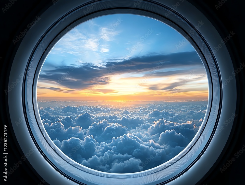 Airplane window, clouds and sunrise, 3D illustration Airplane window, clouds and sunrise, 3D illustration