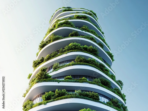 Ecoluxury skyscraper, living green walls, solar panel integration, 3D illustration photo