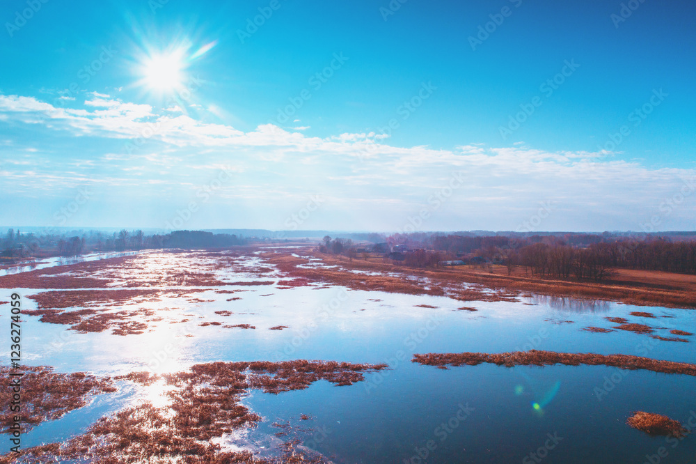 View from above of the river in the early spring at daylight. Beautiful nature landscape