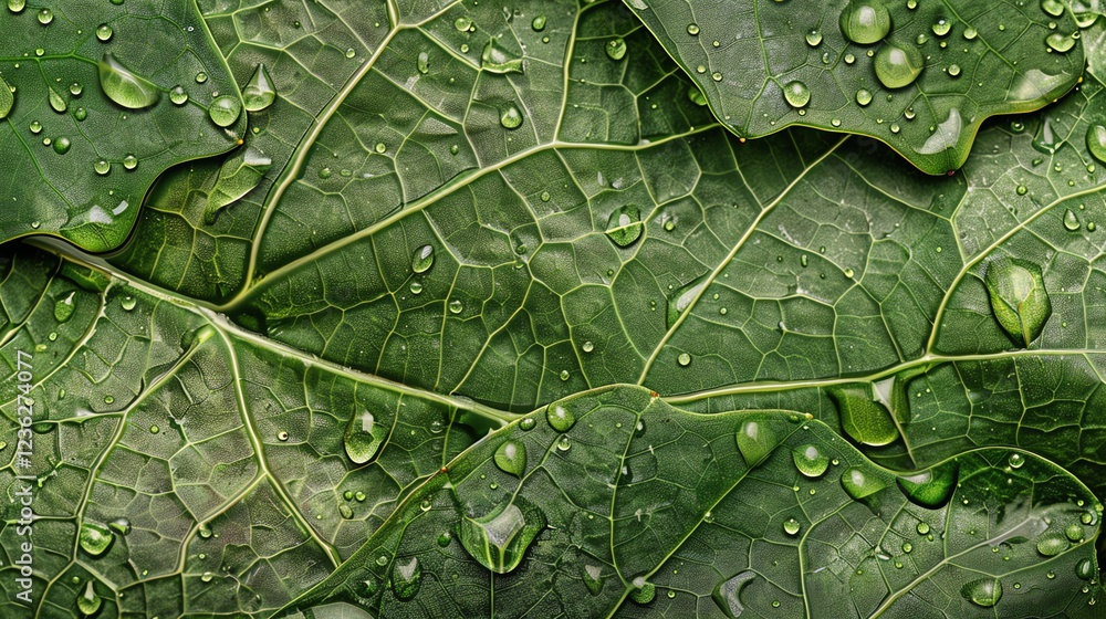 Fototapeta premium Close-up of water droplets on lush green leaves.