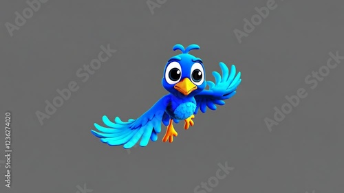 3D animated cartoon bird with blue feathers, large expressive eyes, and wings spread wide in flight, designed in a playful and whimsical style