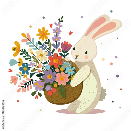 Vector illustration. Hare holding a full basket of flowers. Postcard, greeting
