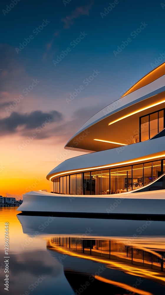 Fototapeta premium Exclusive private yacht club exterior with sleek white facades, water reflections, and ambient luxury lighting