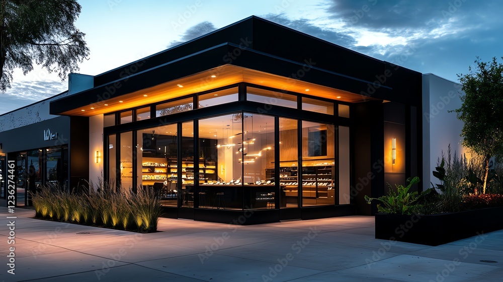 Obraz premium Contemporary boutique store exterior with artistic glass panels, modern lighting, and premium branding aesthetics