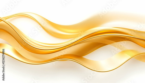Gold silk fabric, flowing curves, smooth texture, liquid metal, shiny surface, abstract waves, golden ribbon, luxurious material, soft folds, dynamic movement, glossy reflection, elegant drapery, flui