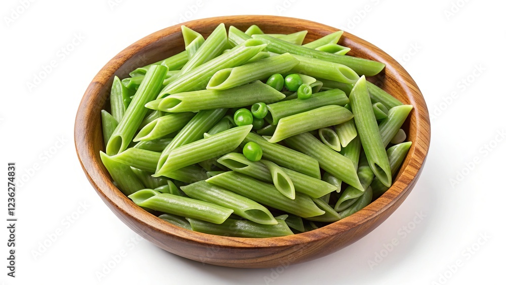 Organic Gluten-Free Green Pea Penne Pasta in a Wooden Bowl on White Organic Gluten-Free Green Pea Penne Pasta in a Wooden Bowl on White