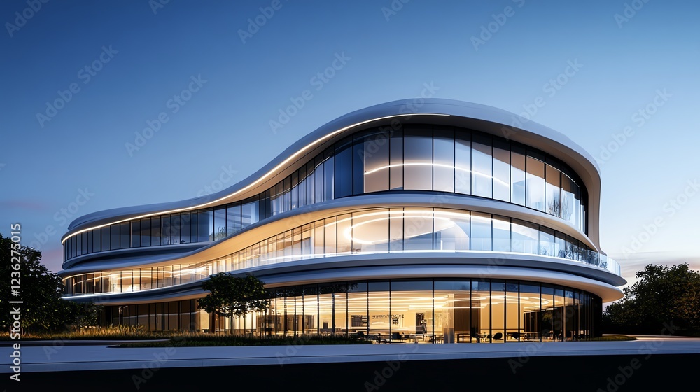 Fototapeta premium Futuristic tech campus facade with dynamic lightresponsive glass, curved organic structures, and modern appeal