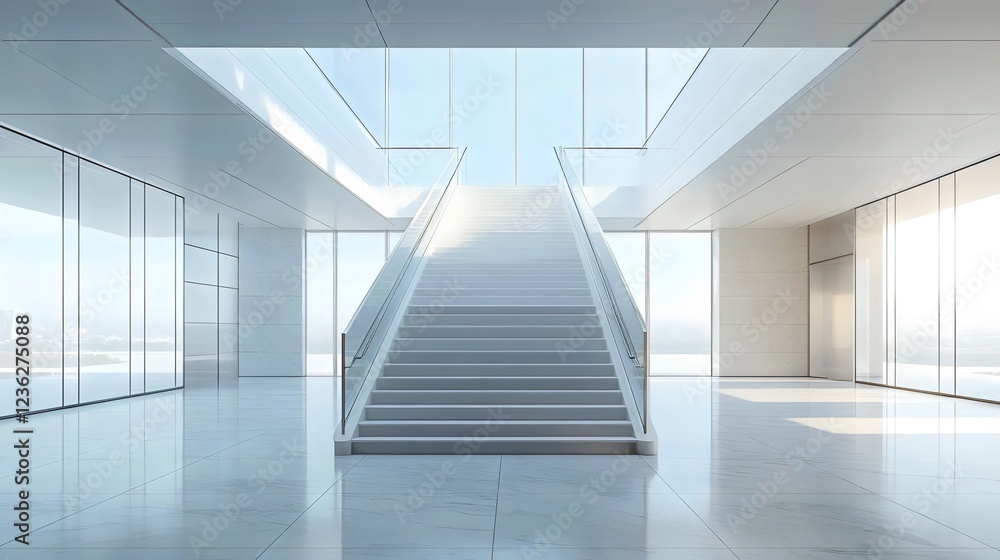 Obraz premium A large white staircase is in the middle of a large, empty room