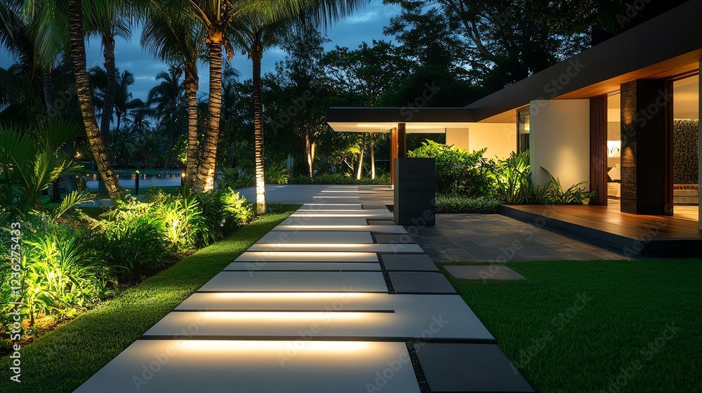 Fototapeta premium Grand luxury villa entrance with sculpted gates, soft uplighting, and elegant stone pathways