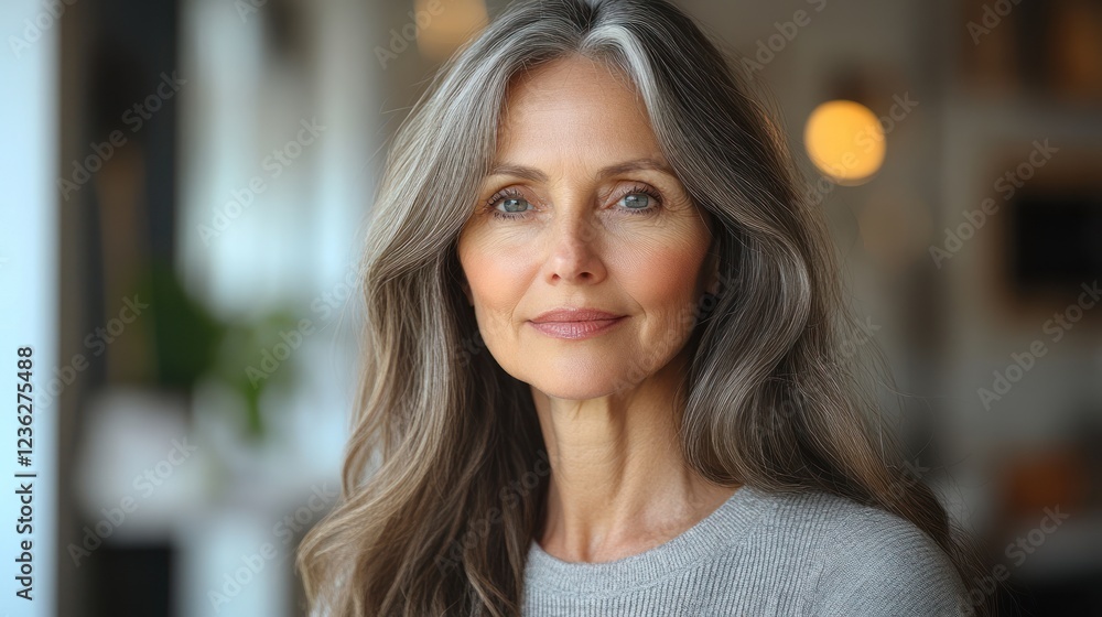 Confident mature woman portrait, home office background, lifestyle