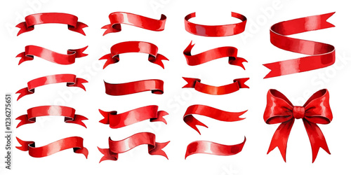 Watercolor red ribbon and bow vector set. Ribbons banner collection. Isolated on a white background. A decorative element for project design, presentation, business.