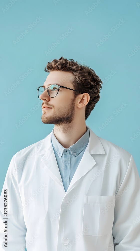 A scientist in a lab coat, with a simple light blue background A scientist in a lab coat, with a simple light blue background