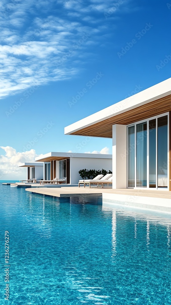 Fototapeta premium Floating luxury resort, modern facade design, overwater bungalows, 3D illustration