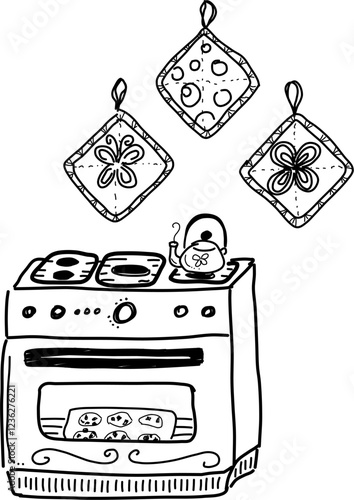 Hand-drawn oven and potholder vector doodles. Oven, stovetop, tea kettle, cookies baking, and three potholders. Warm and cute kitchen scene baking chocolate chip cookies. 