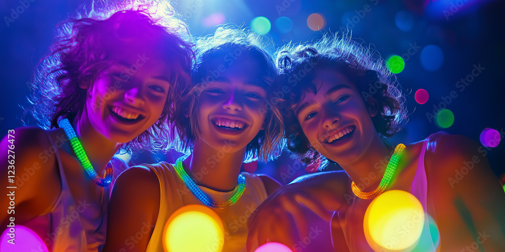 Cheerful young friends having fun at colorful rave party. Happy women and men enjoying themselves and dancing. Group of people at music concert. Cheerful young friends having fun at colorful rave party. Happy women and men enjoying themselves and dancing. Group of people at music concert.