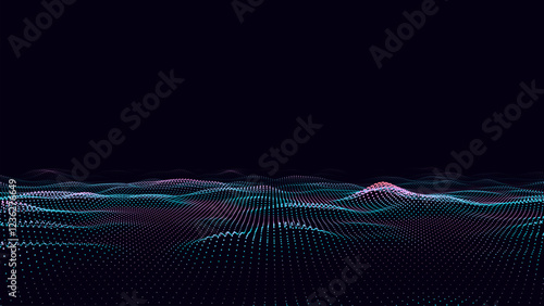 Vector digital technology wave. Dark cyberspace with colors motion dots and lines. Futuristic digital background. Big data analytics.