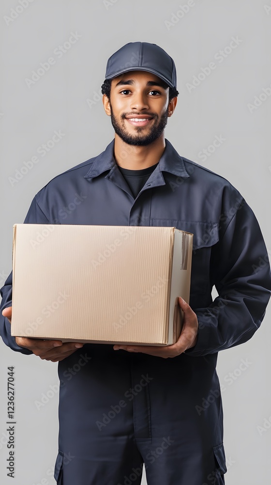A postal worker in uniform, holding a package with a smooth gray background A postal worker in uniform, holding a package with a smooth gray background