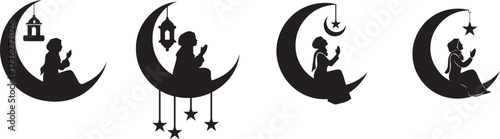 Silhouette of Praying Muslim Women on Crescent Moon with Hanging Lanterns - Islamic Art