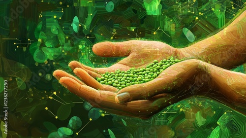 Farmer's hands showcasing beans against a digitally enhanced verdant field, AI-assisted generative art, blending realism with abstract patterns photo