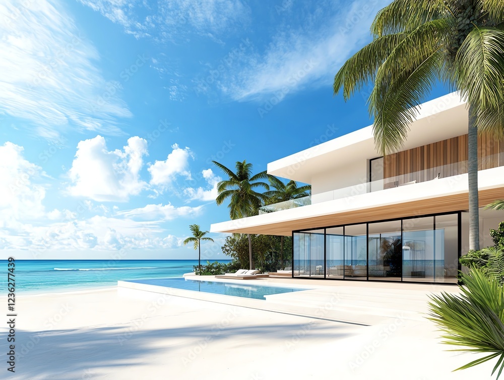 Fototapeta premium Luxury beachfront villa facade with expansive glass walls, wooden accents, and panoramic ocean views, modern tropical architecture
