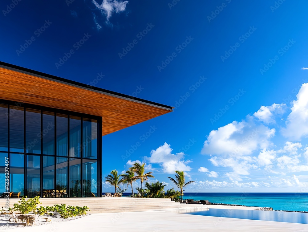 Fototapeta premium Luxury beachfront villa facade with expansive glass walls, wooden accents, and panoramic ocean views, modern tropical architecture
