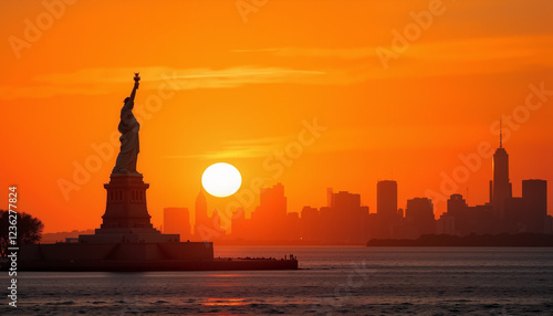 Statue of Liberty silhouetted against sunrise, American symbol
