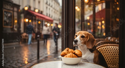 Fototapeta Naklejka Na Ścianę i Meble -  Parisian Beagle with Croissants at a Cafe
