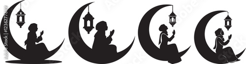 Silhouette of Praying Muslim Women on Crescent Moon with Hanging Lanterns - Islamic Art