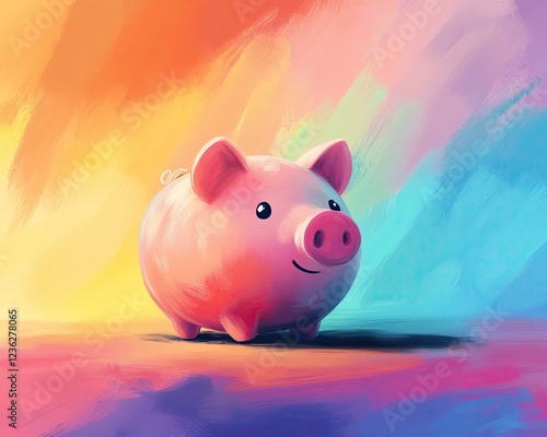 Cute piggy bank on colorful background.