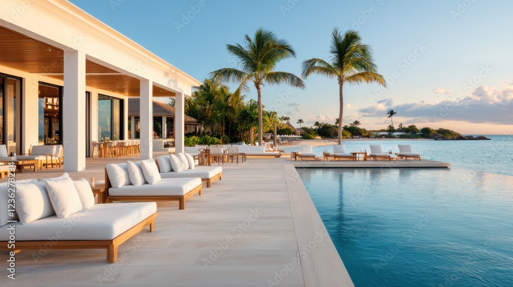 Fototapeta premium Luxurious beachfront resort featuring lavish cabanas an infinity pool and breathtaking views of the tropical paradise A secluded oasis for the ultimate relaxation and indulgence
