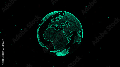 Virtual vector planet Earth with data connection network. Technological digital globe world background. Abstract sphere with particles and lines. Security artificial intelligence of the planet.