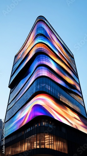 Hightech office tower with a digital art facade, kinetic architecture, and interactive LED displays photo