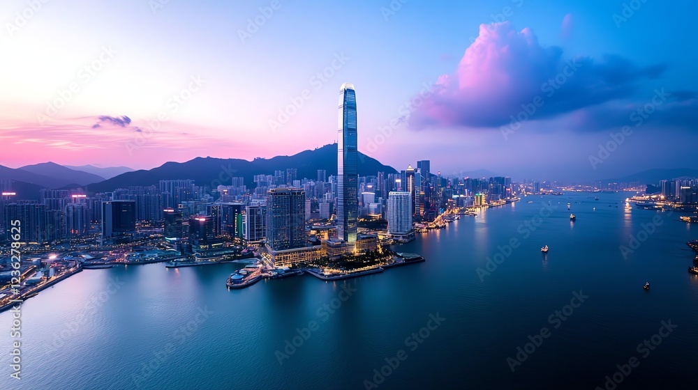 Fototapeta premium Iconic luxury skyscraper with dynamic facade lighting, hightech materials, and a breathtaking skyline backdrop