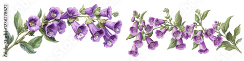 Elegant 1910s Foxglove flowers, purple and green leaves illustrated in vintage engraving style, perfect for floral art, botanical design, vintage home decor, garden accents, rustic charm.