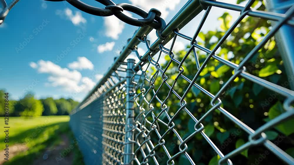 Close-Up of a Chain-Link Fence with Metal Wires and a Blurred Green Landscape in the Background Under a Blue Sky
Close-Up of a Chain-Link Fence with Metal Wires and a Blurred Green Landscape in the Background Under a Blue Sky